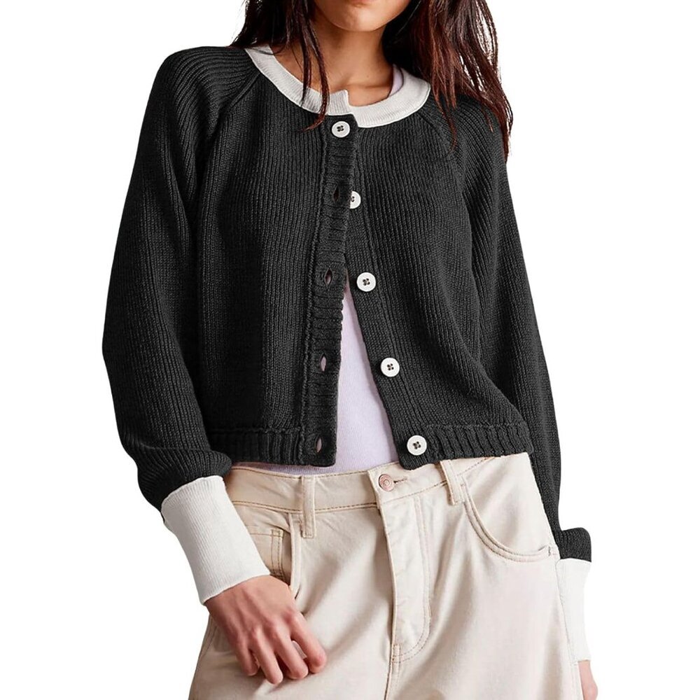 Women Knitted Button Down Cropped Cardigan Jacket Sweater Y2k Fall Knit Color Bl